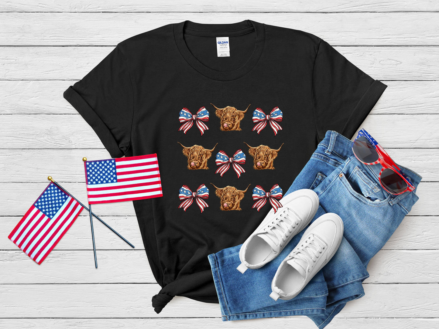 Fourth of July Patriotic Highland C Cow T-Shirt – Fun Western Stars & Stripes Tee, USA Flag Graphic Top, 4th of July Apparel