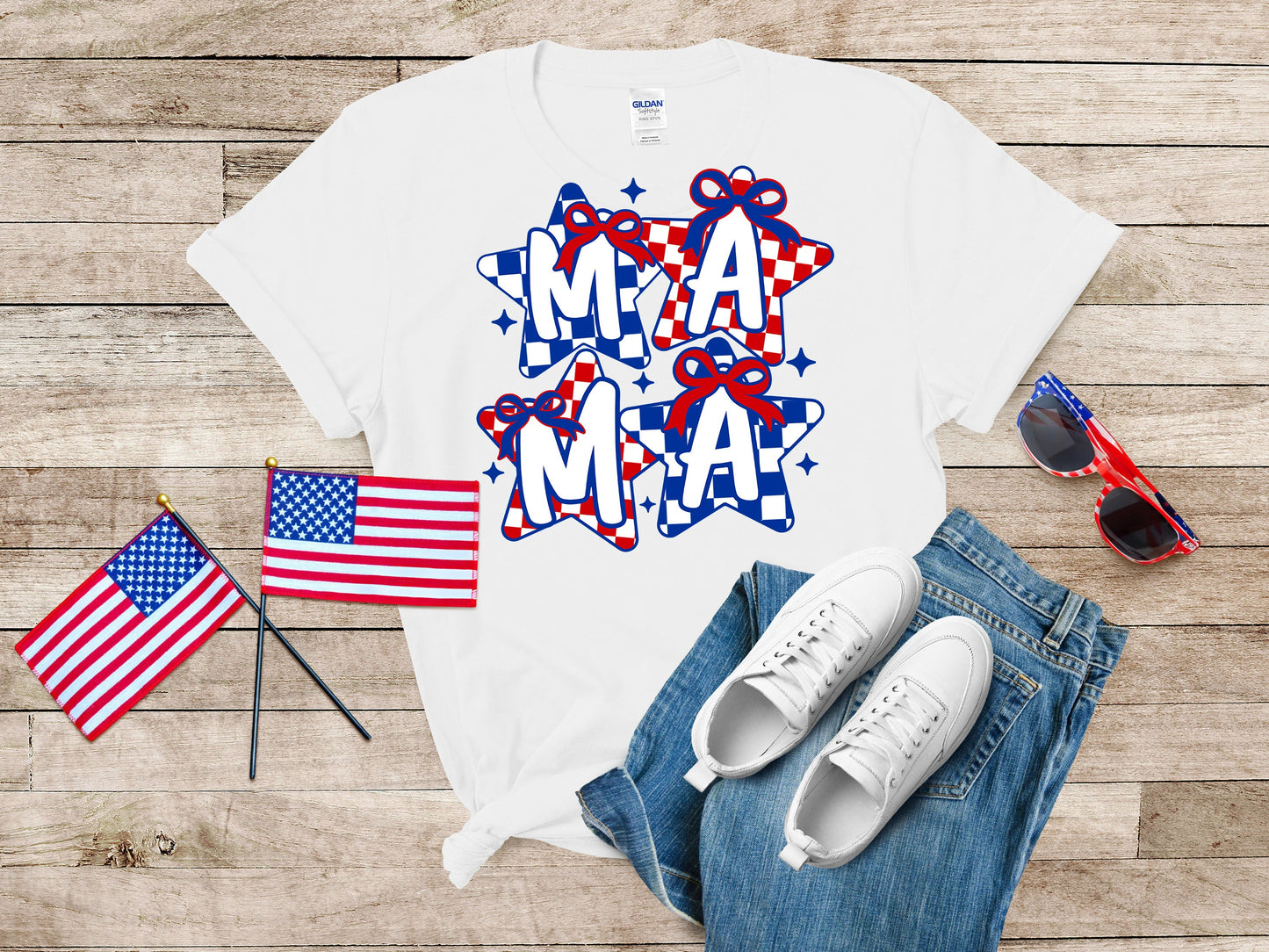 Fourth of July Mama T-Shirt Patriotic Checkered Stars Graphic Tee Independence Day Shirt for Moms