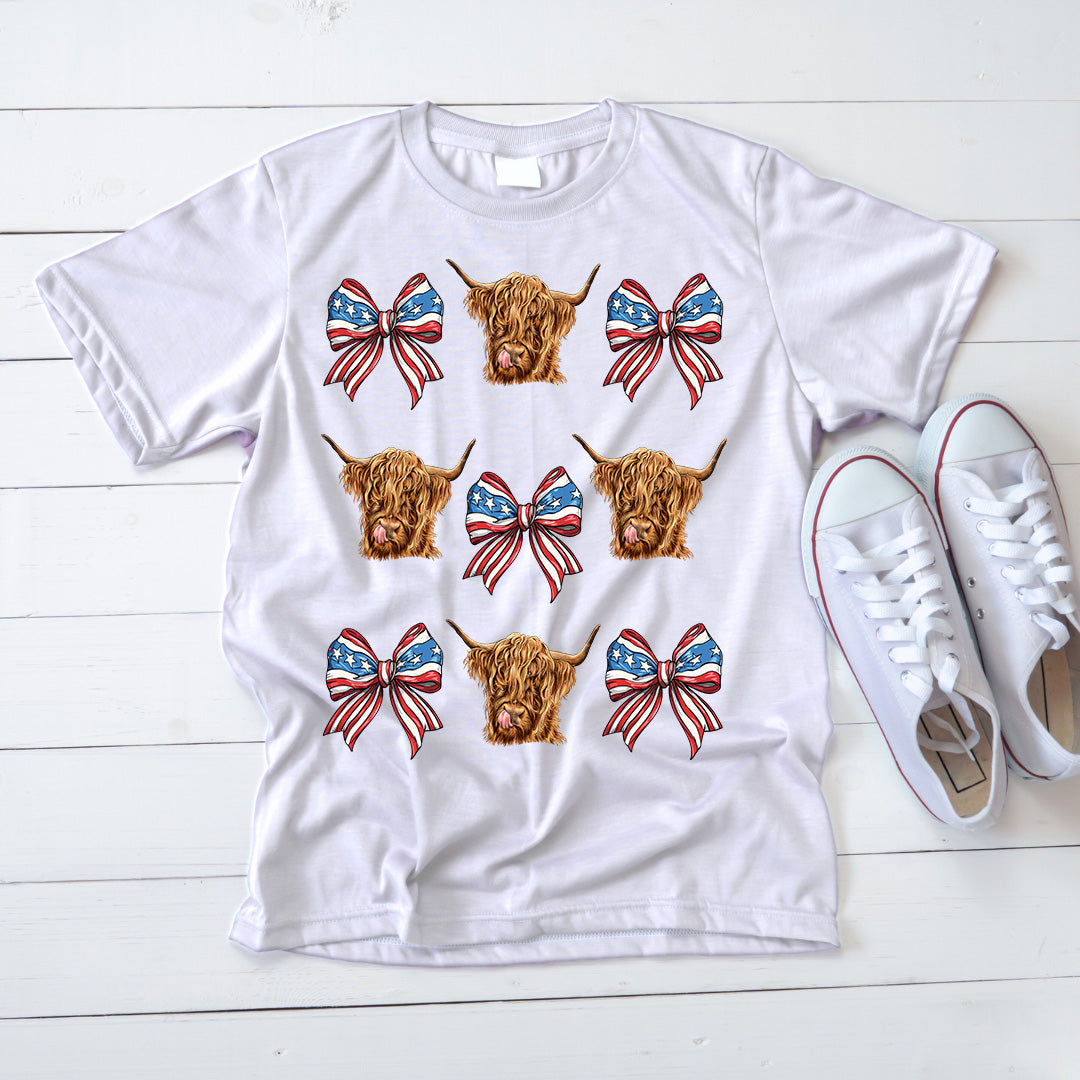 Fourth of July Patriotic Highland C Cow T-Shirt – Fun Western Stars & Stripes Tee, USA Flag Graphic Top, 4th of July Apparel
