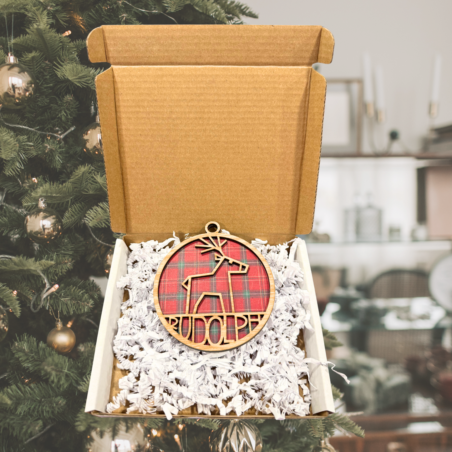 Personalized Tartain Plaid Wooden Ornament: Reindeer Rudolph , Custom Name, 2025 Ornament