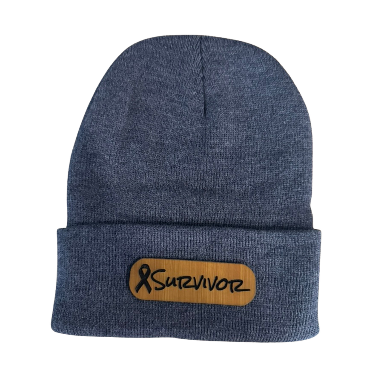 Survivor Beanie – Breast Cancer Awareness Knit Hat with Engraved Bamboo Look Patch