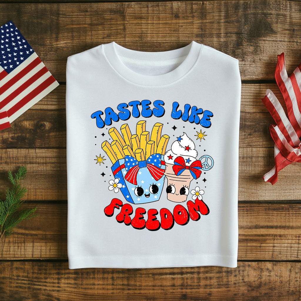 Fourth of July Tastes Like Freedom T-Shirt - Fun Patriotic Fries & Ice Cream Graphic Tee for 4th of July Celebration