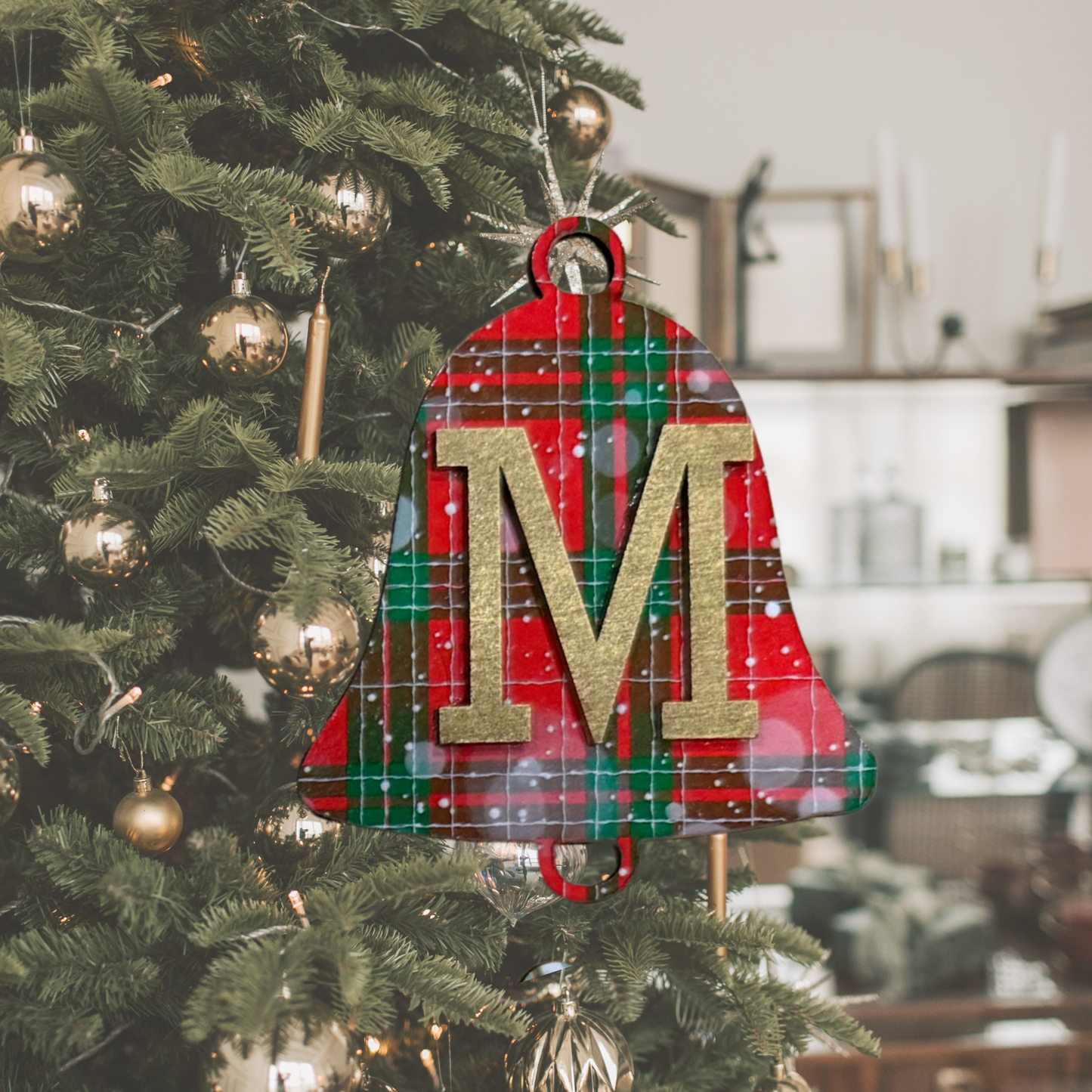 Christmas Plaid Round Bell Wood Ornament: Personalized Family, Custom Name, 2025 Ornament Personalizable Initial