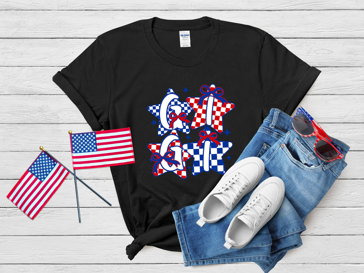 Fourth of July T-Shirt Patriotic Checkered Stars Graphic Tee Independence Day Gift Shirt USA Flag Colors Top