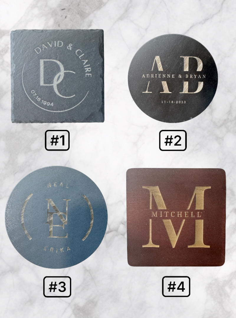 Personalized Engraved Coaster - Slate or Wood – Couples Monogram & Name - Set of 4