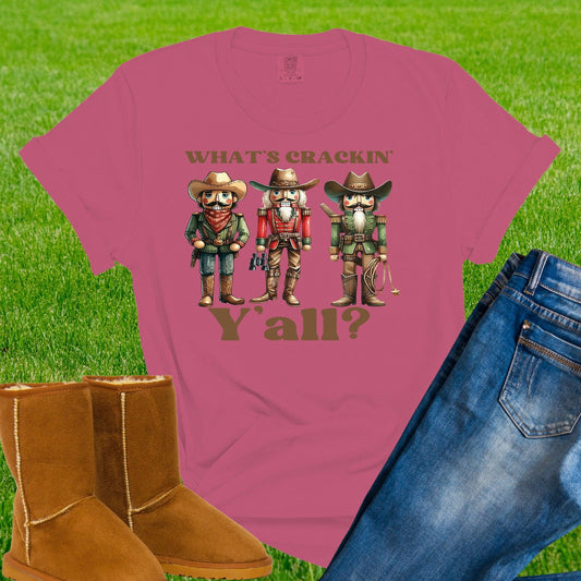 What's Crackin' Y'all Shirt Funny Nutcracker Cowboy Fall Graphic Tee Western Holiday Top
