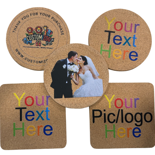 Personalized Full Color Cork Coasters, 4 Inch Round and Square, Custom Photo Text Logo, 6mm Thick, Absorbent Bar Coasters