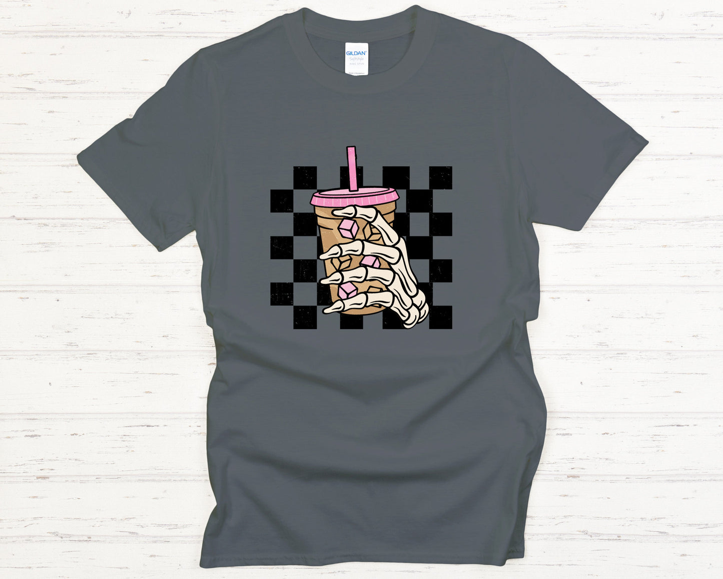 Funny Skeleton T-Shirt Summer Tee Iced Drink Graphic Halloween Shirt Colorful Creepy Cute Gildan 64000