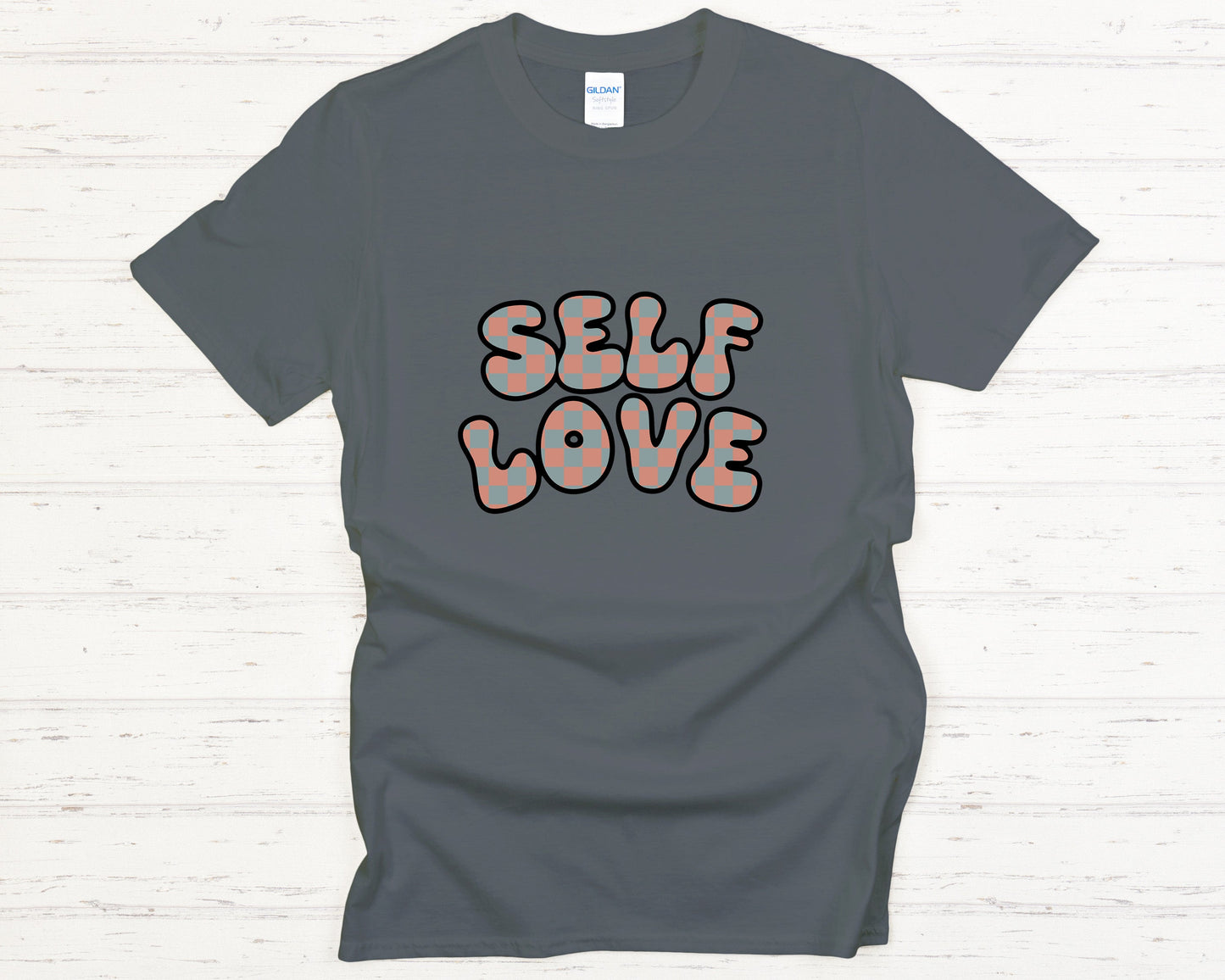 Self Love T-Shirt Retro Checkered Bubble Letters Graphic Tee Positive Mindset Mental Health Awareness Gift