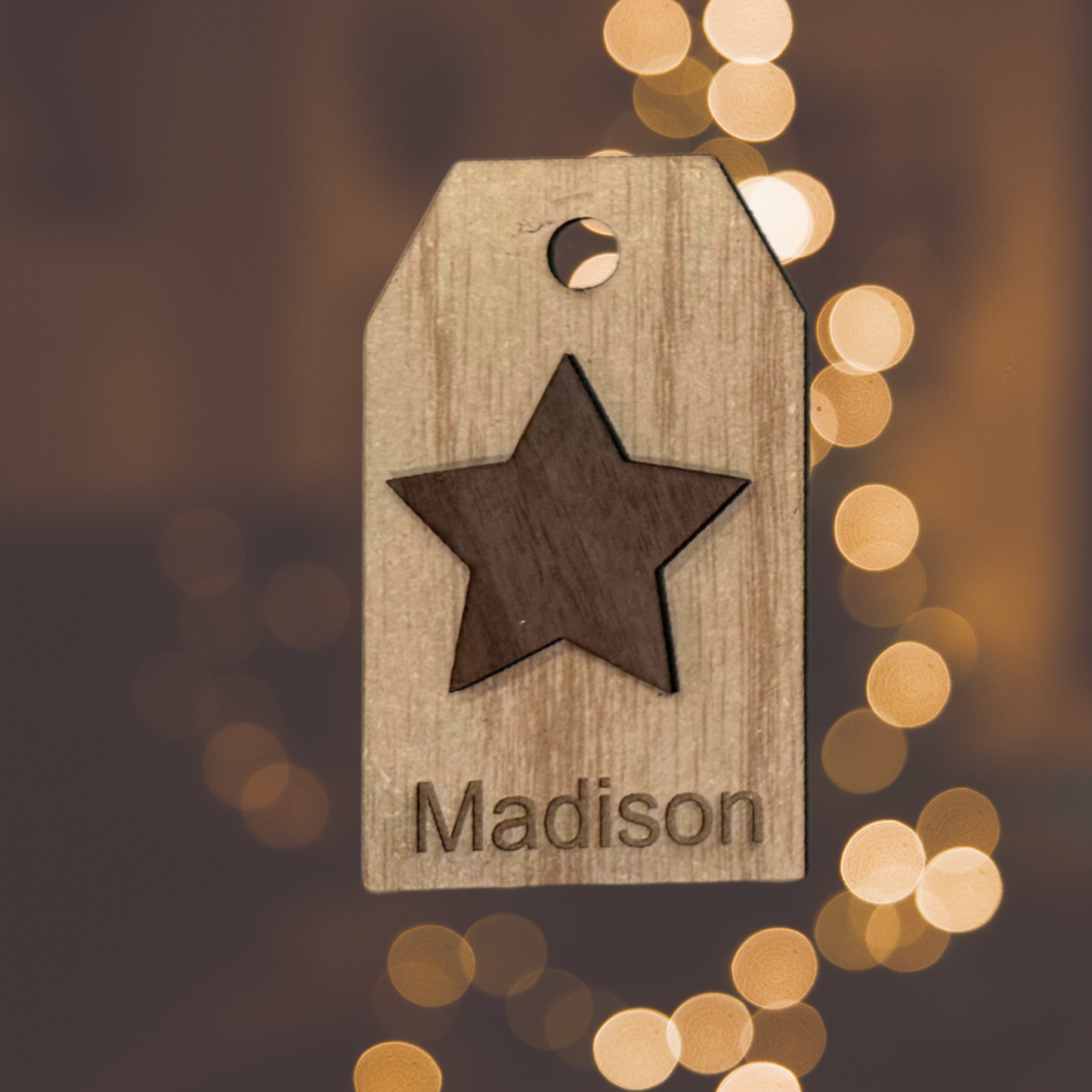 Personalized Wood Gift Tag:  Laser Cut, Custom Name, Family Ornament, Engraved, Stocking tag