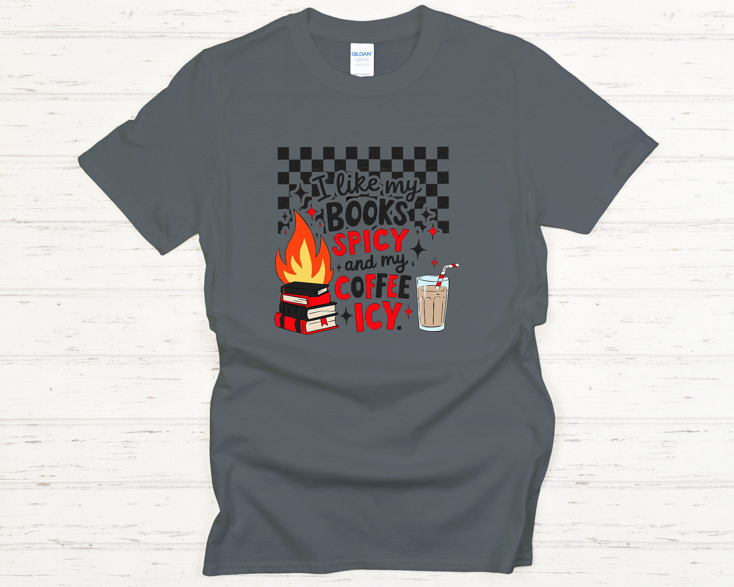Funny Book Lover T-Shirt Cozy Reading Tee with Spicy Books & Icy Coffee Graphic, Aesthetic Checkered Design Shirt