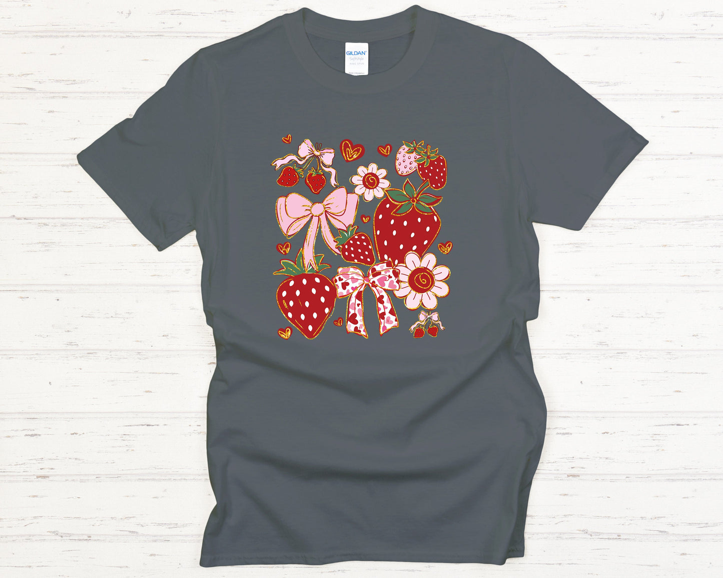Summer Vibes Strawberry Bow T-Shirt Cute Berry Graphic Tee Farmhouse Style Sweet Summer Outfit