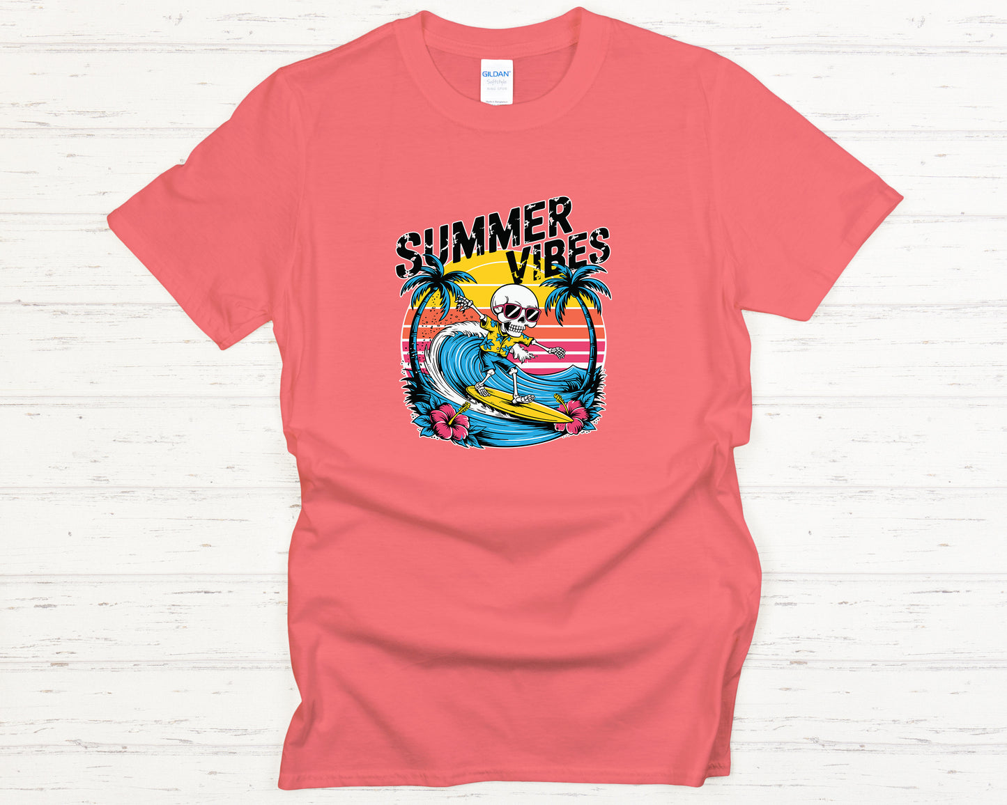 Skeleton Surfer Graphic Tee - Summer Vibes Tropical Beach Sunset Shirt, Retro Wave Beachwear Gift, Casual Surf T-Shirt