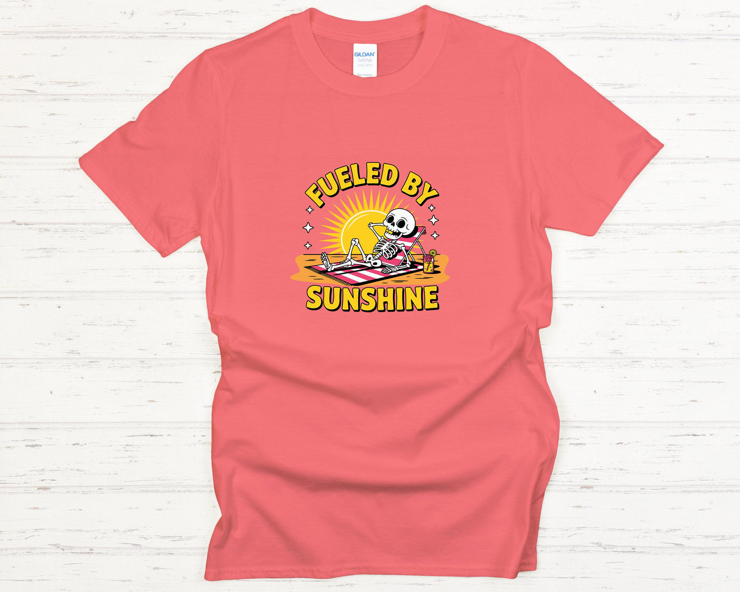 Funny Summer Vibes Skeleton Beach Tee - Retro Coastal Vacation Shirt, Fueled by Sunshine Graphic Casual Top