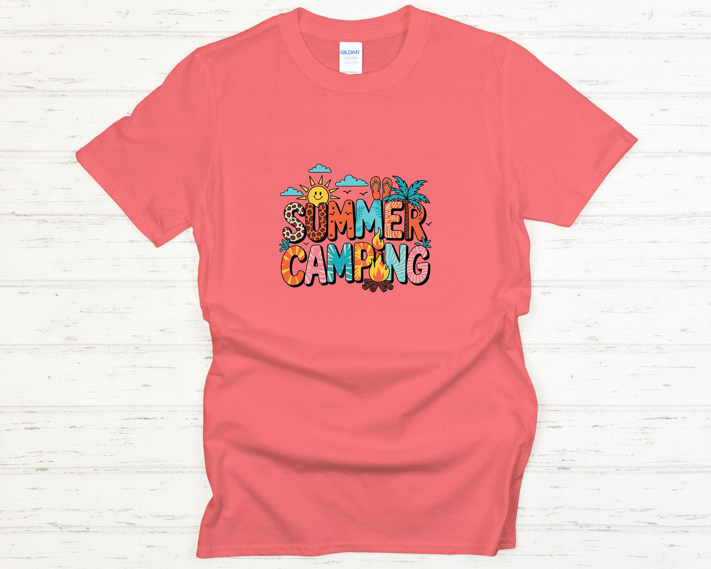 Summer Camping T-Shirt Cute Leopard Print & Tropical Graphic Tee, Outdoor Adventure Shirt, Campfire Lover Gift