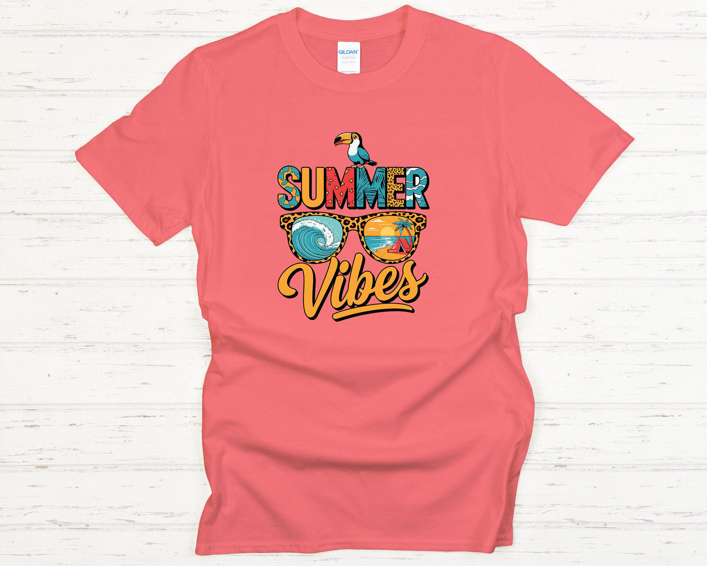 Summer Vibes Tropical T-Shirt - Colorful Beach Graphic Tee, Toucan & Ocean Wave Design, Fun Vacation Outfi