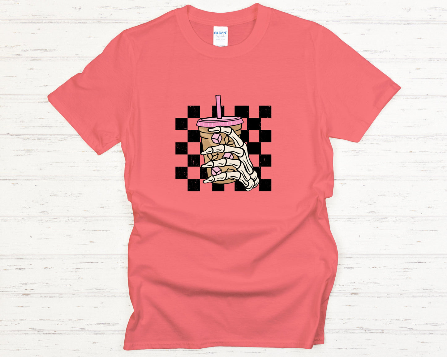 Funny Skeleton T-Shirt Summer Tee Iced Drink Graphic Halloween Shirt Colorful Creepy Cute Gildan 64000