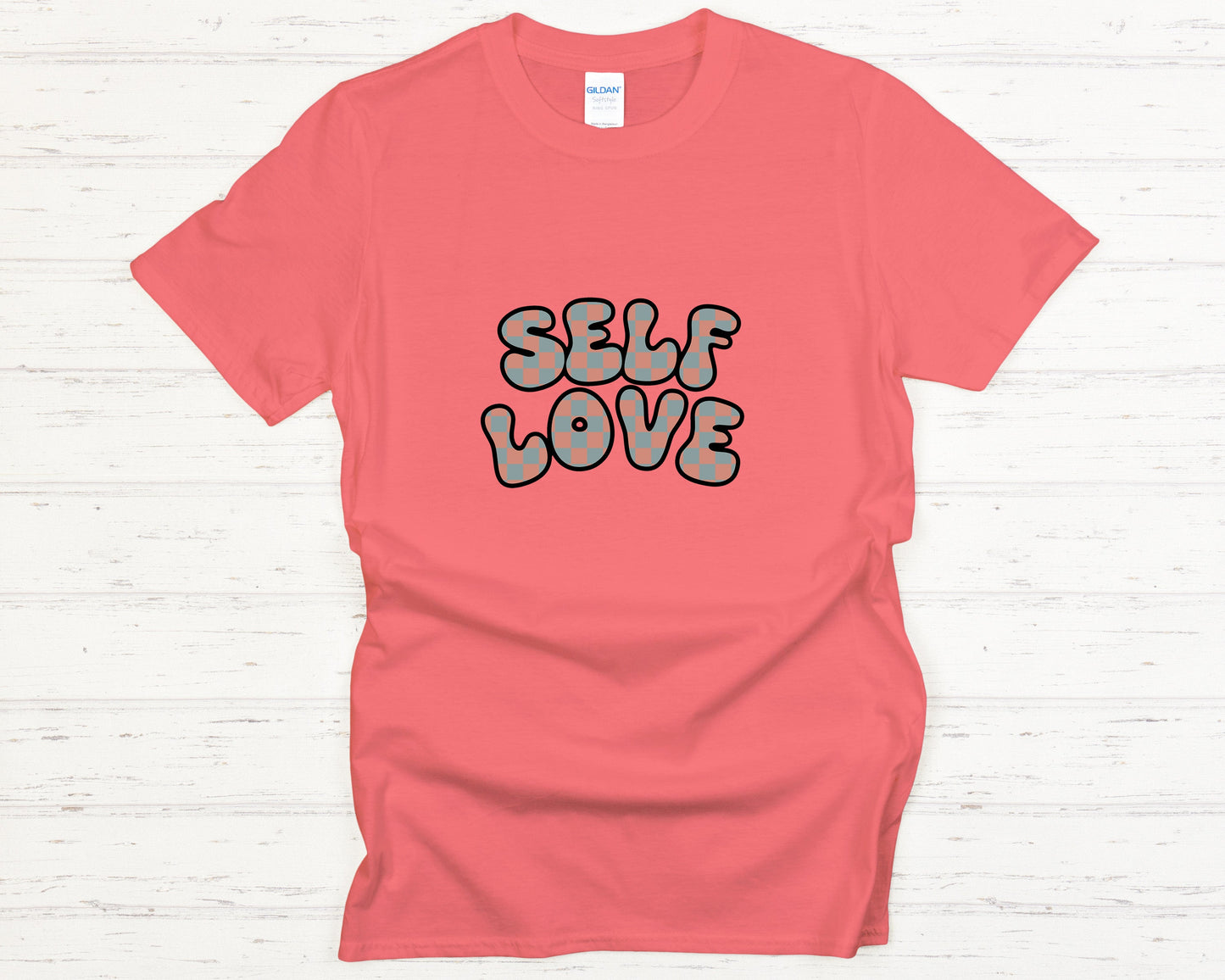 Self Love T-Shirt Retro Checkered Bubble Letters Graphic Tee Positive Mindset Mental Health Awareness Gift