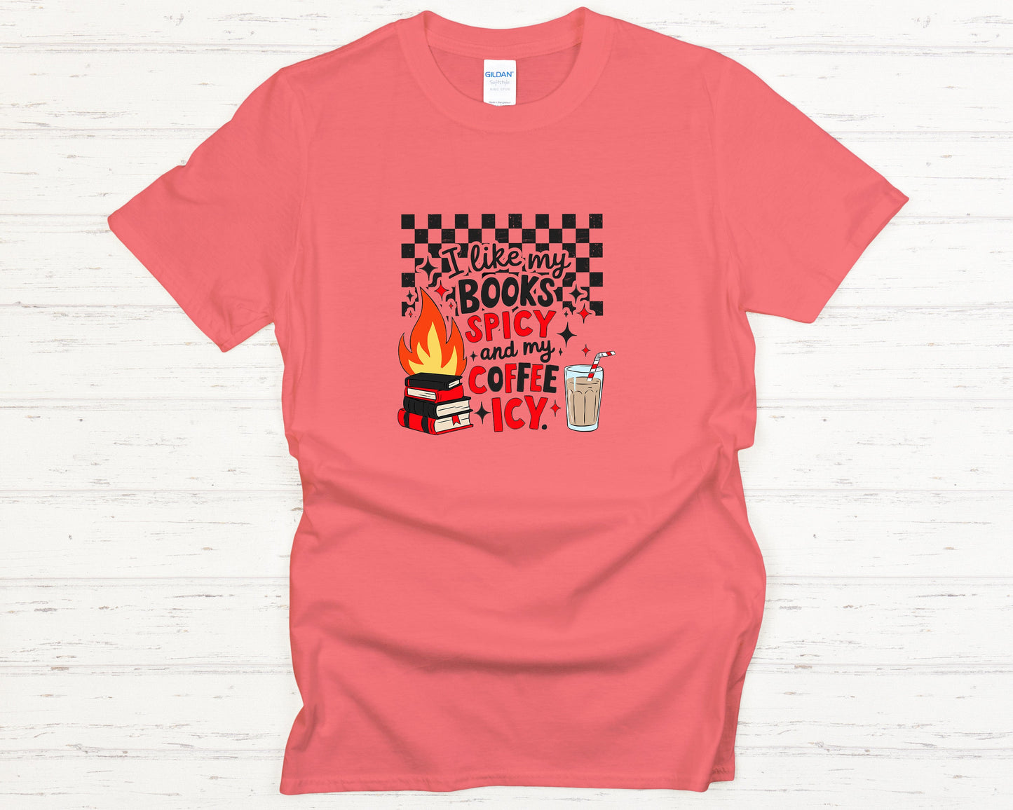 Funny Book Lover T-Shirt Cozy Reading Tee with Spicy Books & Icy Coffee Graphic, Aesthetic Checkered Design Shirt