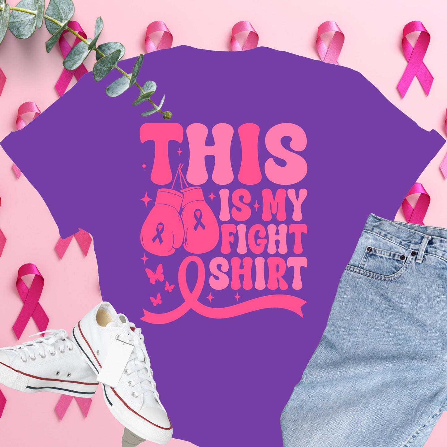 Breast Cancer Awareness Shirt on Grape Comfort Colors® Tee – Pink Ribbon, October Support, Halloween Theme