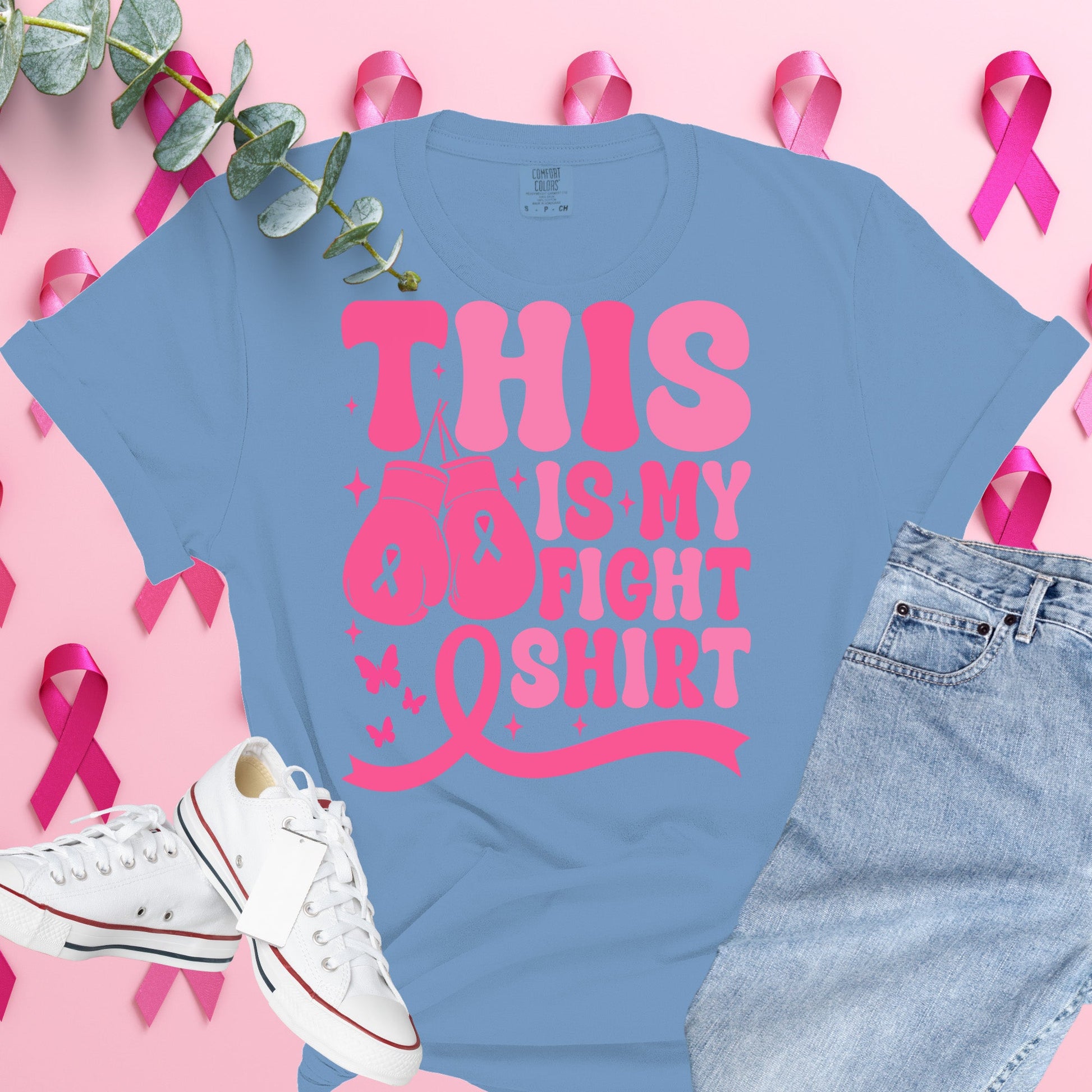 Breast Cancer Awareness Shirt on Washed Denim Comfort Colors® Tee – Pink Ribbon, October Support, Halloween Theme
