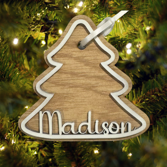 Personalized Wooden Ornament:  Christmas Tree, Laser Cut, Custom Name, Family Ornament