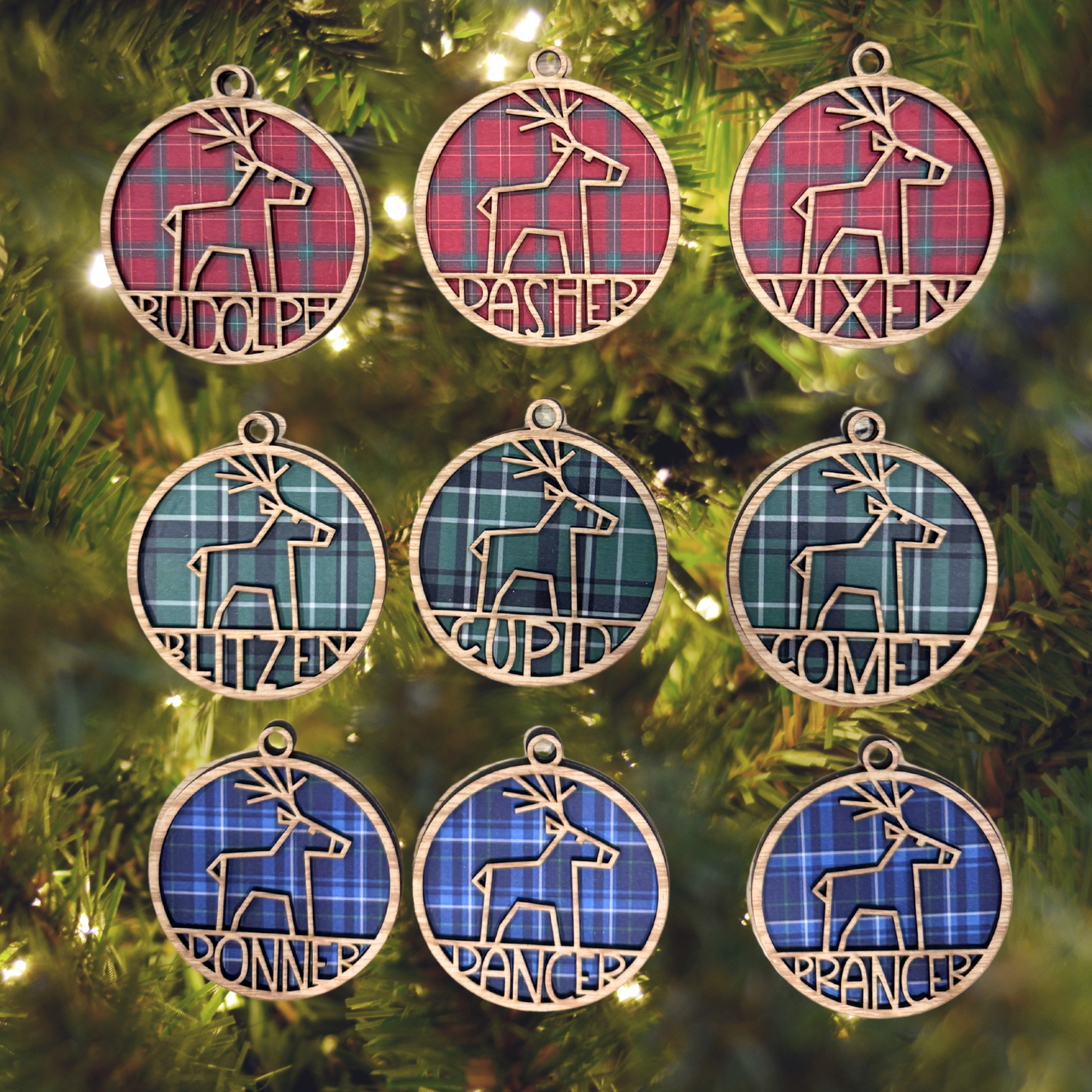 Personalized Tartain Plaid Wooden Ornament:  Reindeer Rudolph , Custom Name, 2025 Ornament