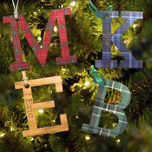 Personalized Wood Ornament:  Tartan Plaid, Laser Cut, Custom Letter, Family Ornament, Engraved