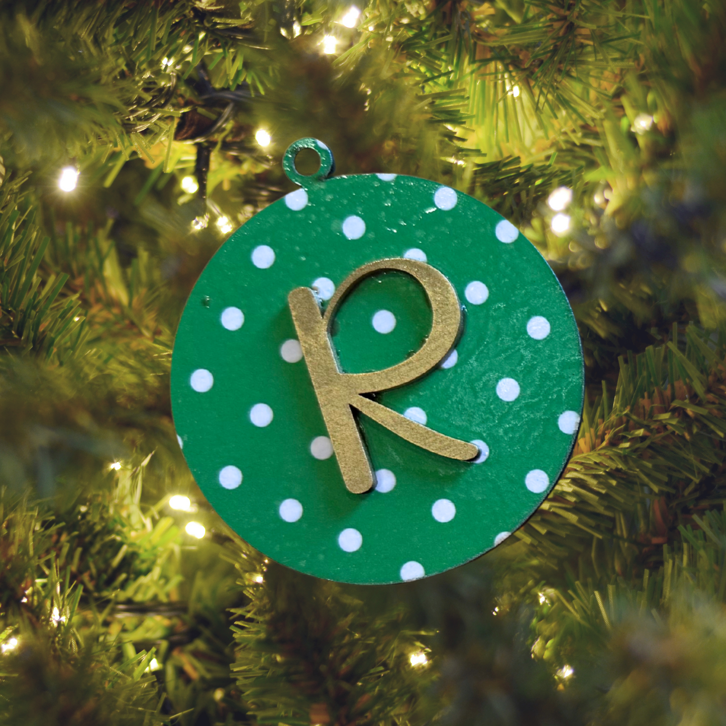 Christmas Polka Dot Round  Bell Wood Ornament:  Personalized Family, Custom Name, 2025 Ornament Personalizable Initial