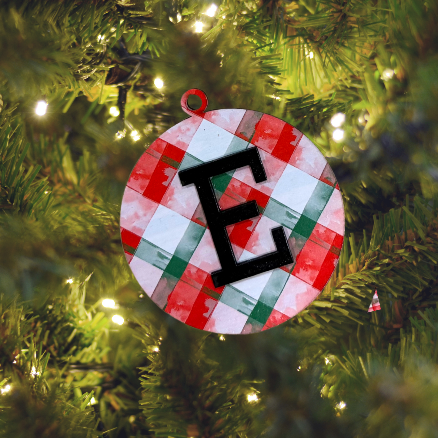 Christmas Plaid Round  Bell Wood Ornament:  Personalized Family, Custom Name, 2025 Ornament Personalizable Initial