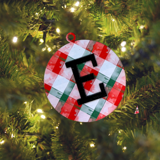 Christmas Plaid Round  Bell Wood Ornament:  Personalized Family, Custom Name, 2025 Ornament Personalizable Initial