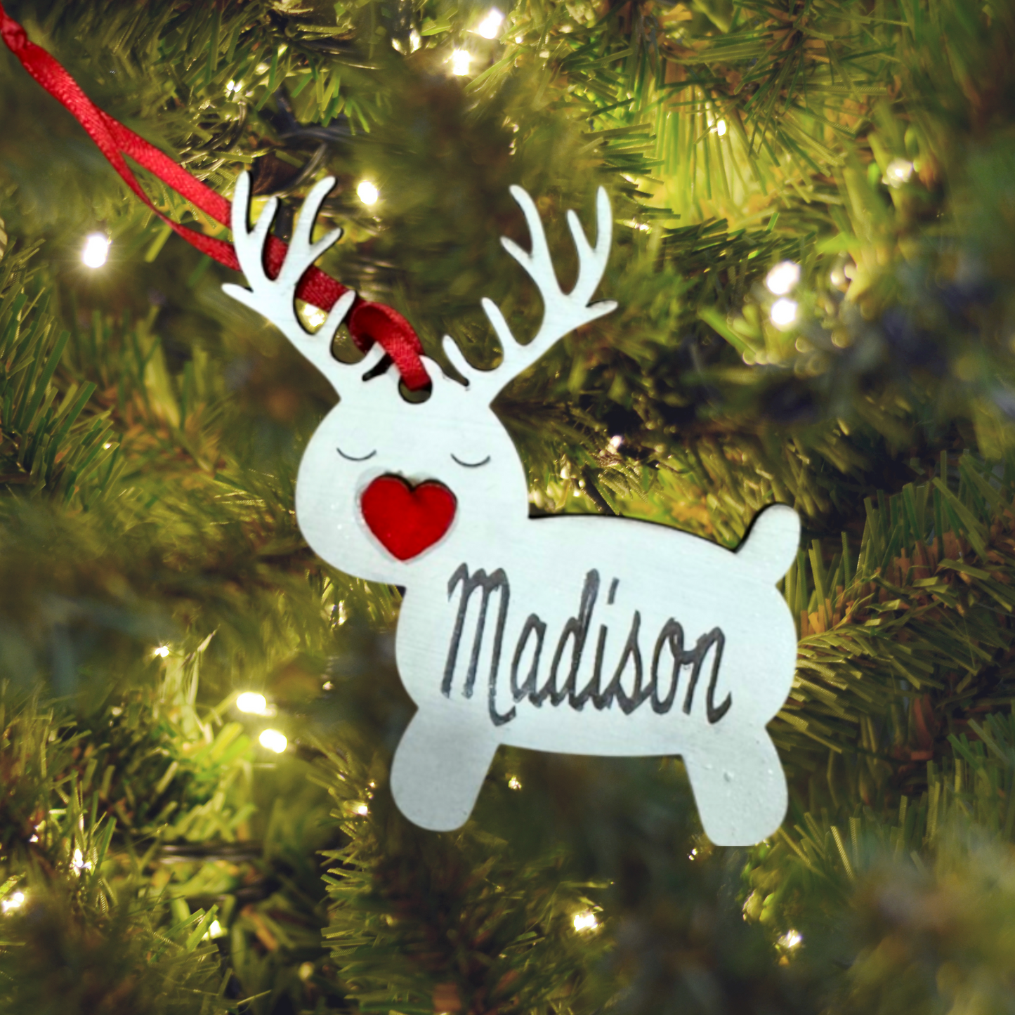 Christmas Reindeer Heart Wood Ornament:  Personalized Family, Custom Name, 2025 Ornament