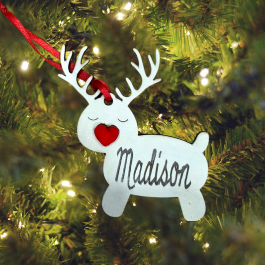 Christmas Reindeer Heart Wood Ornament:  Personalized Family, Custom Name, 2025 Ornament