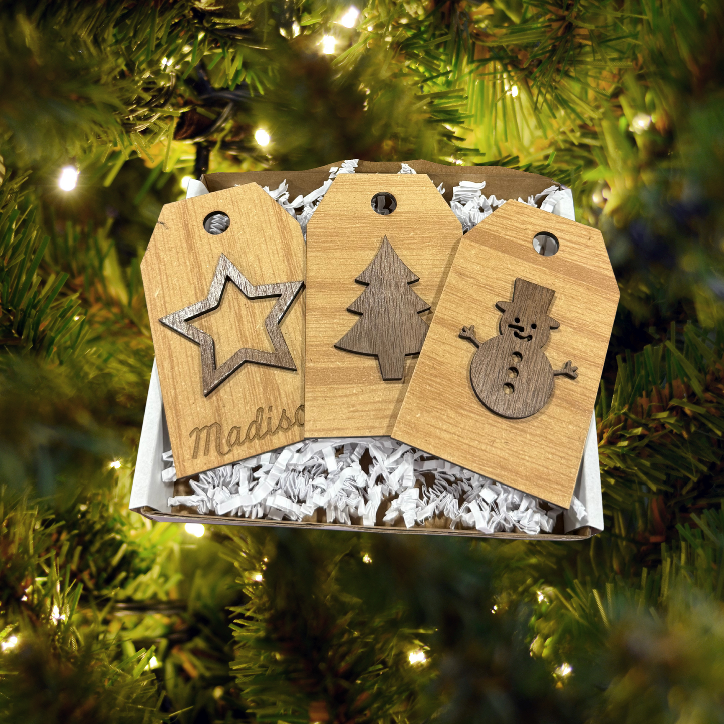 Personalized Wood Gift Tag:  Laser Cut, Custom Name, Family Ornament, Engraved, Stocking tag