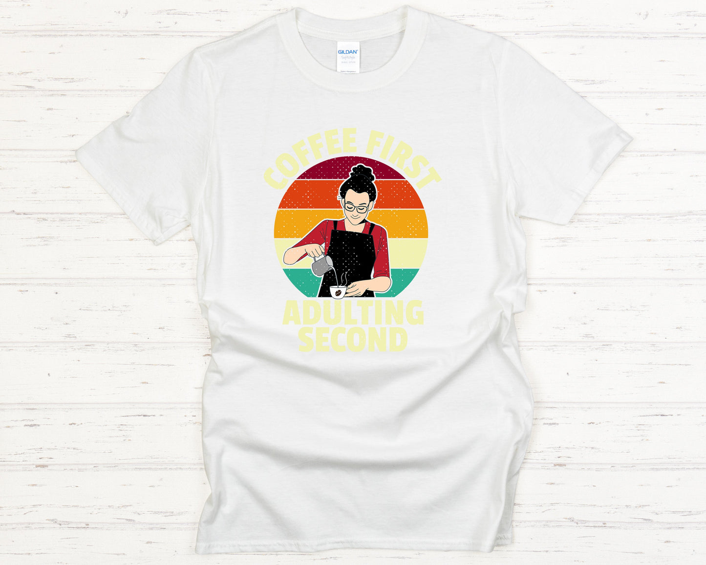 Coffee First Adulting Second T-Shirt | Funny Caffeine Lover Tee | Barista Life Shirt | Retro Coffee Graphic Unisex Tee