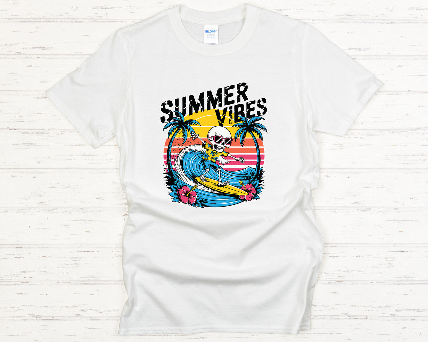 Skeleton Surfer Graphic Tee - Summer Vibes Tropical Beach Sunset Shirt, Retro Wave Beachwear Gift, Casual Surf T-Shirt