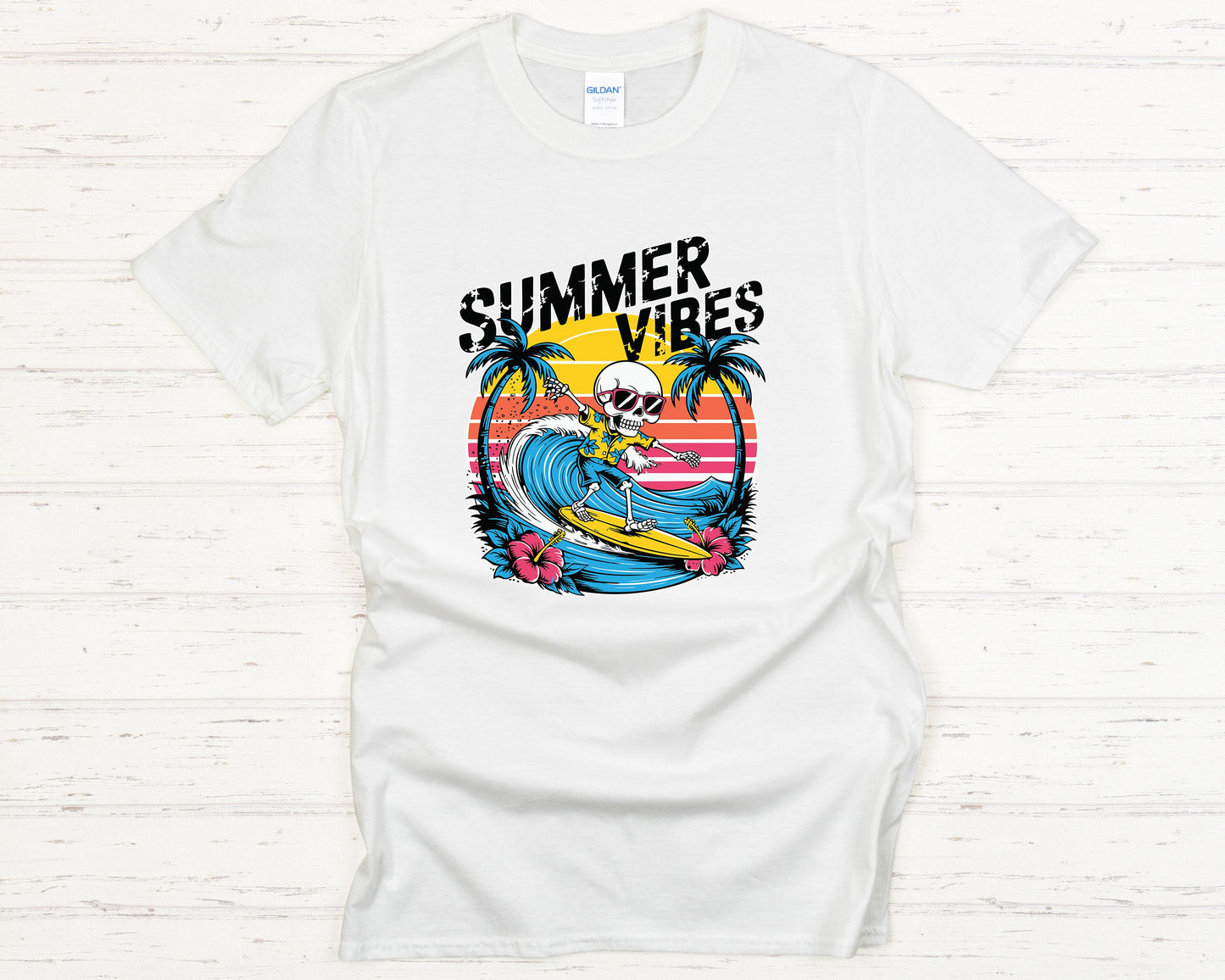 Skeleton Surfer Graphic Tee - Summer Vibes Tropical Beach Sunset Shirt, Retro Wave Beachwear Gift, Casual Surf T-Shirt