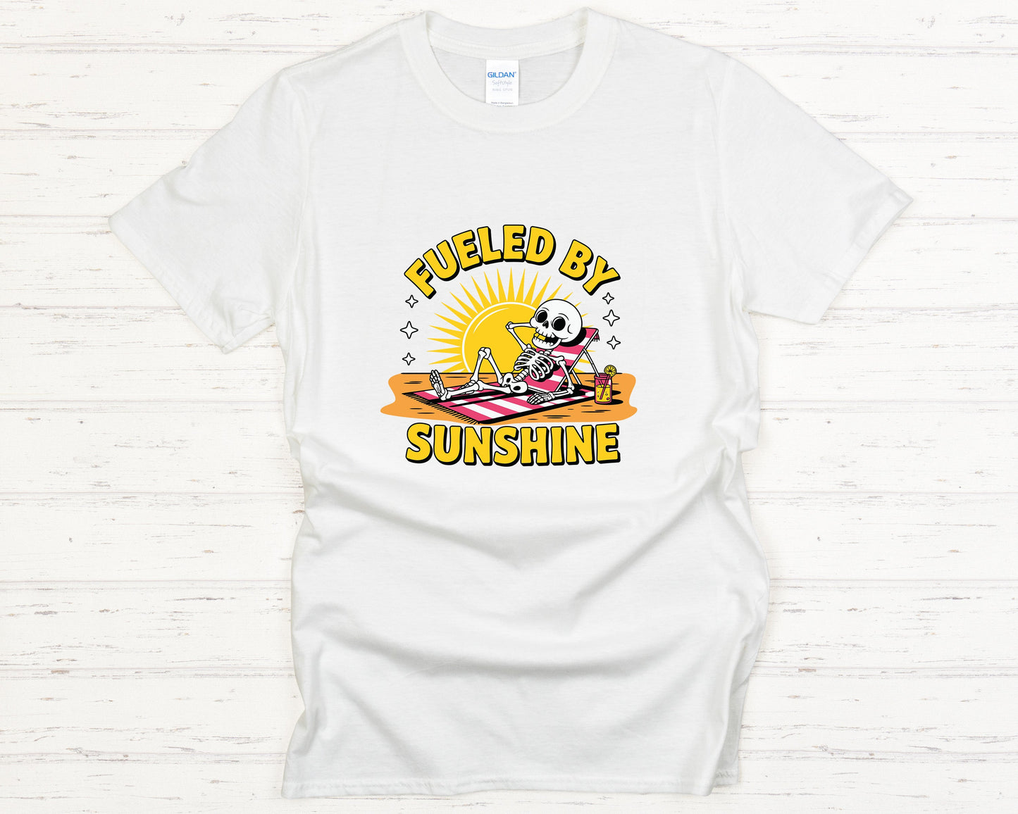 Funny Summer Vibes Skeleton Beach Tee - Retro Coastal Vacation Shirt, Fueled by Sunshine Graphic Casual Top