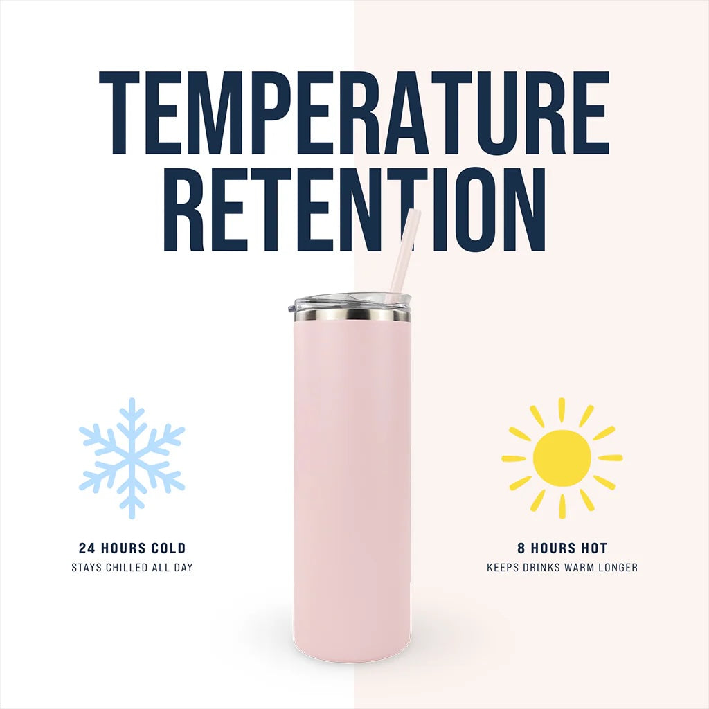 Pink insulated tumbler with temperature retention graphics and text on a white background