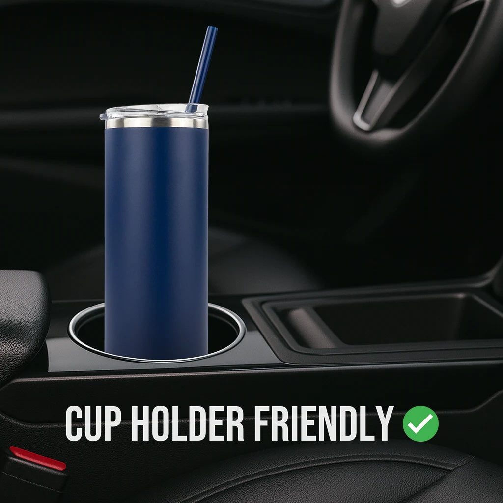 Blue tumbler with straw in a car cup holder, with 'Cup Holder Friendly' text and checkmark.