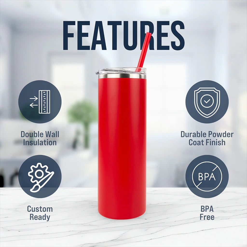 Red insulated tumbler with features listed on a blurred background