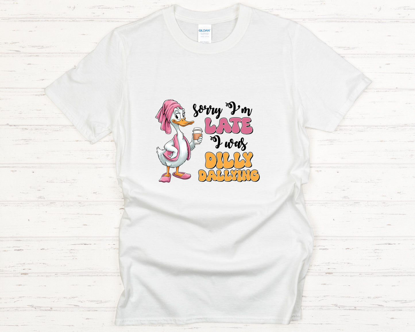 Funny Cartoon Duck T-Shirt, Cute Coffee Lover Graphic Tee, Cozy Morning Humor Shirt, Animal Gift for Coffee Fans, Dilly Dallying