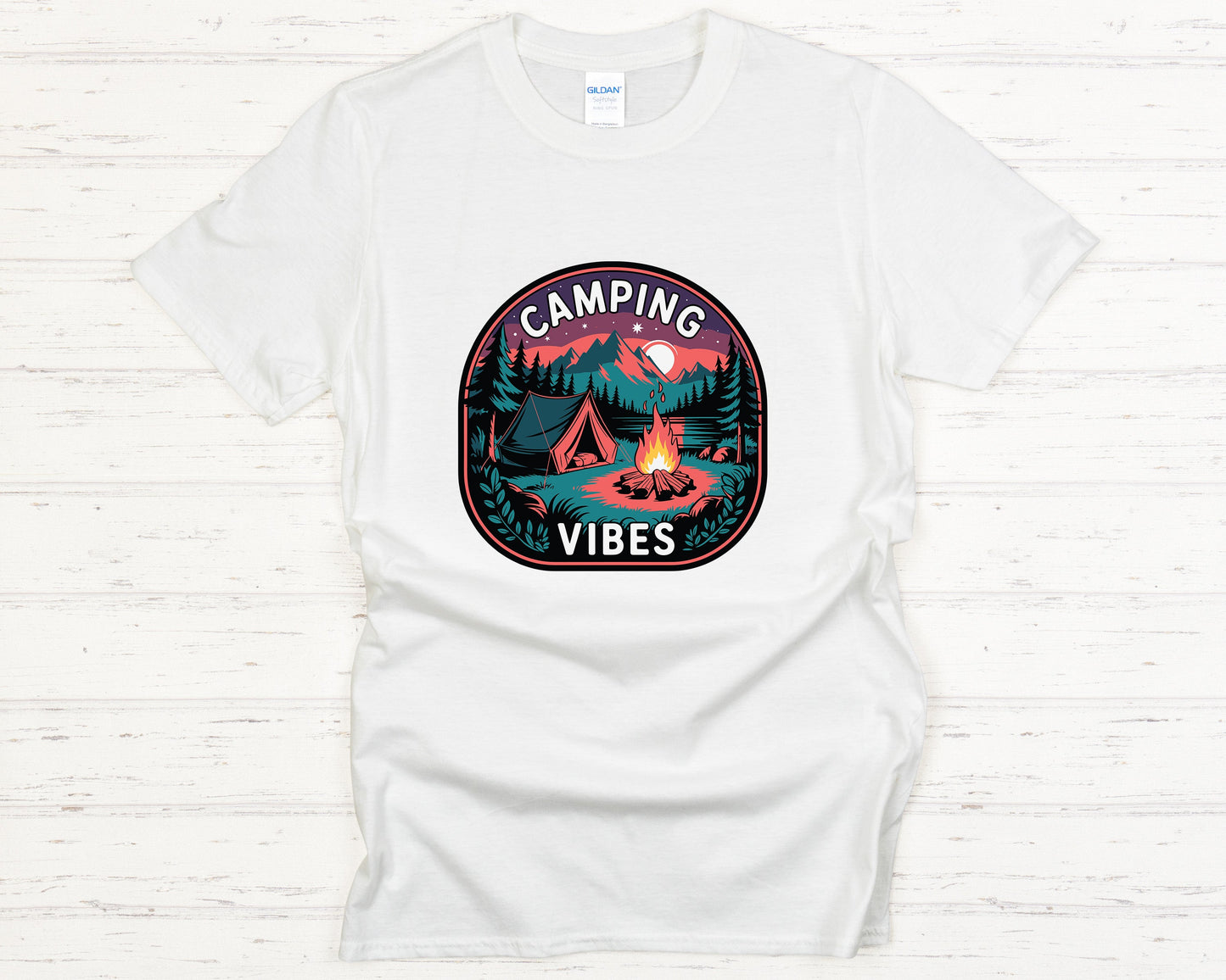 Camping Vibes T-Shirt Retro Outdoor Adventure Graphic Tee Cozy Campfire Shirt Nature Lover Gift