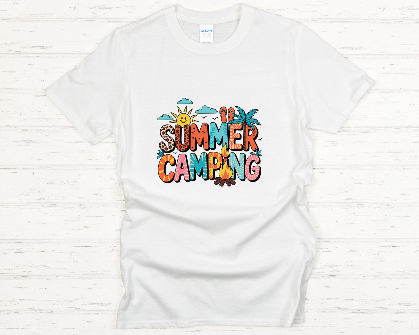 Summer Camping T-Shirt Cute Leopard Print & Tropical Graphic Tee, Outdoor Adventure Shirt, Campfire Lover Gift
