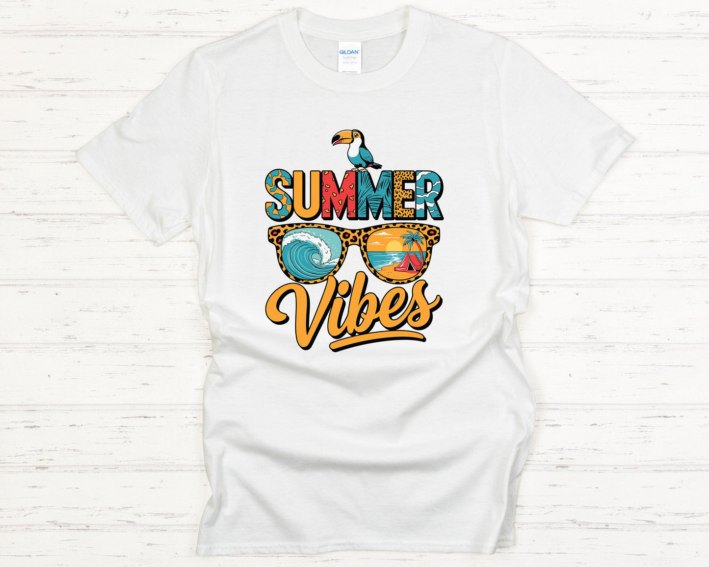 Summer Vibes Tropical T-Shirt - Colorful Beach Graphic Tee, Toucan & Ocean Wave Design, Fun Vacation Outfi