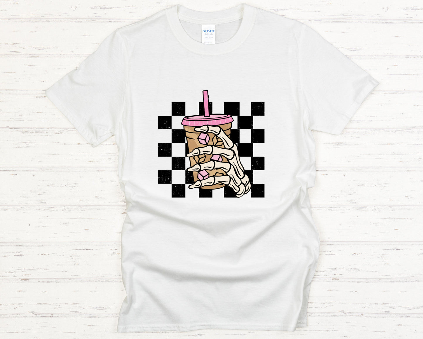 Funny Skeleton T-Shirt Summer Tee Iced Drink Graphic Halloween Shirt Colorful Creepy Cute Gildan 64000