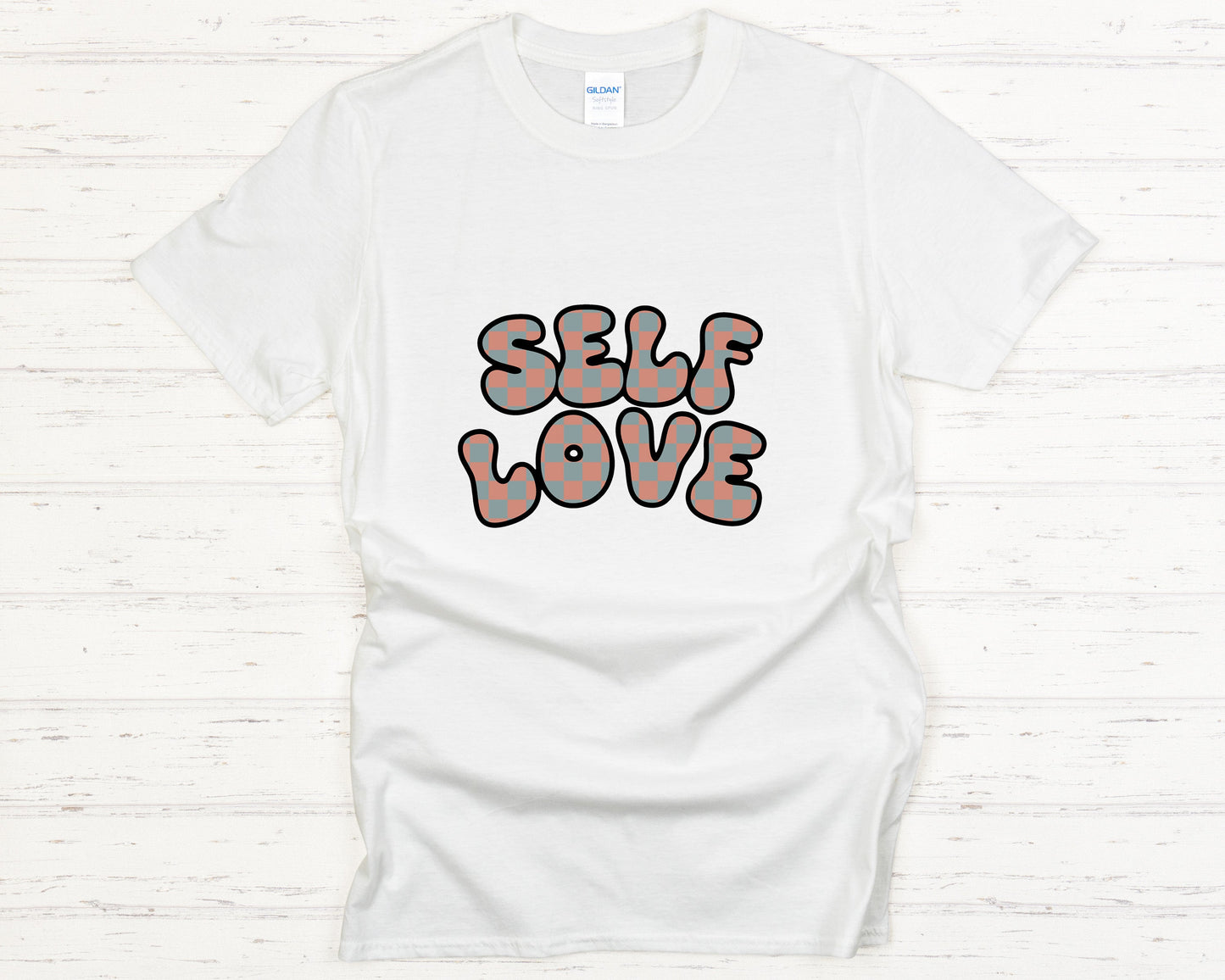 Self Love T-Shirt Retro Checkered Bubble Letters Graphic Tee Positive Mindset Mental Health Awareness Gift