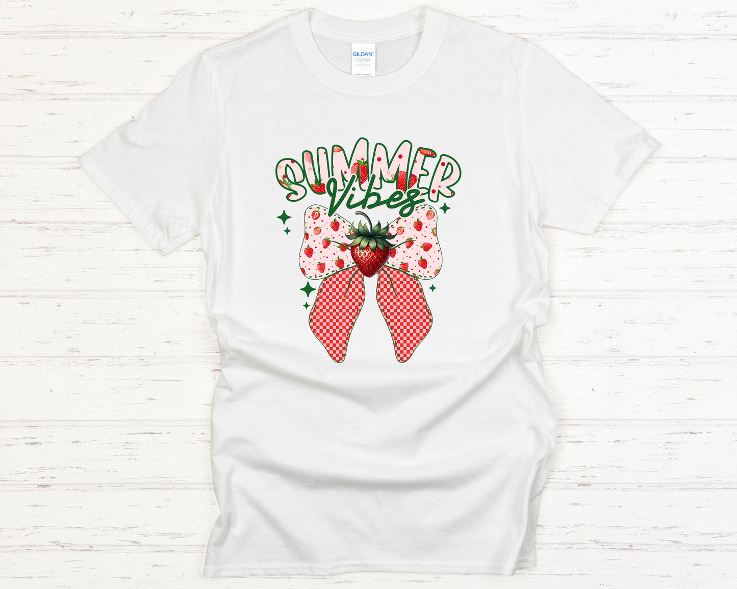 Strawberry Graphic T-Shirt Summer Vibes Cute Bow Tee Cottagecore Checkered Aesthetic Trendy Warm Weather Top