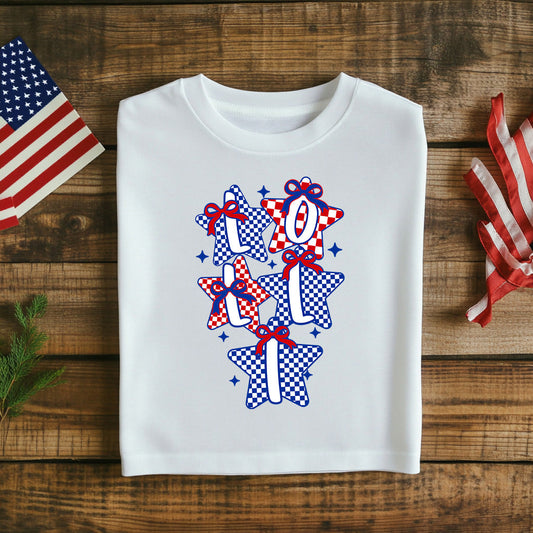 Fourth of July T-Shirt Women’s Patriotic Graphic Tee American Flag Stars Checkered Design