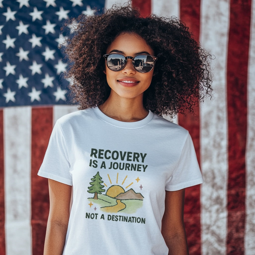 Person wearing a t-shirt with 'Recovery is a Journey, Not a Destination' text and graphic in front of an American flag.